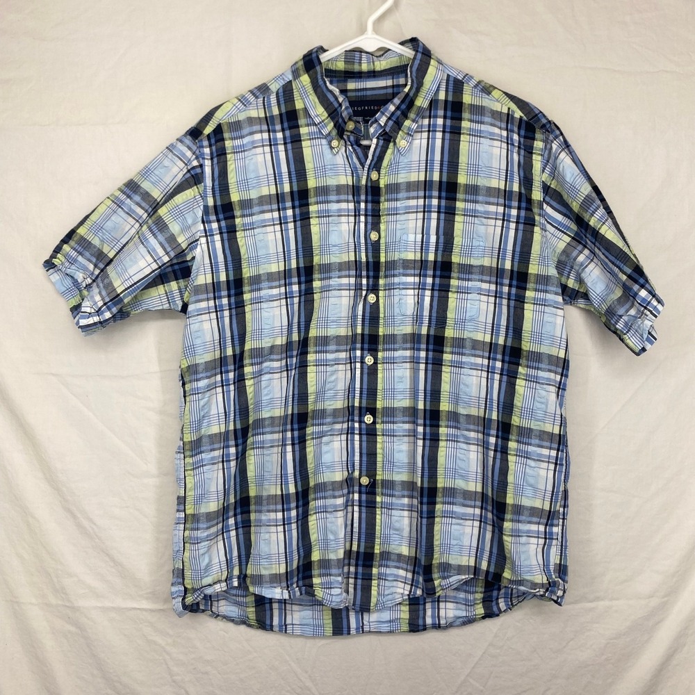 Siegfried & Company Mens Large Blue Lime Green Plaid Short Sleeve Button Down
